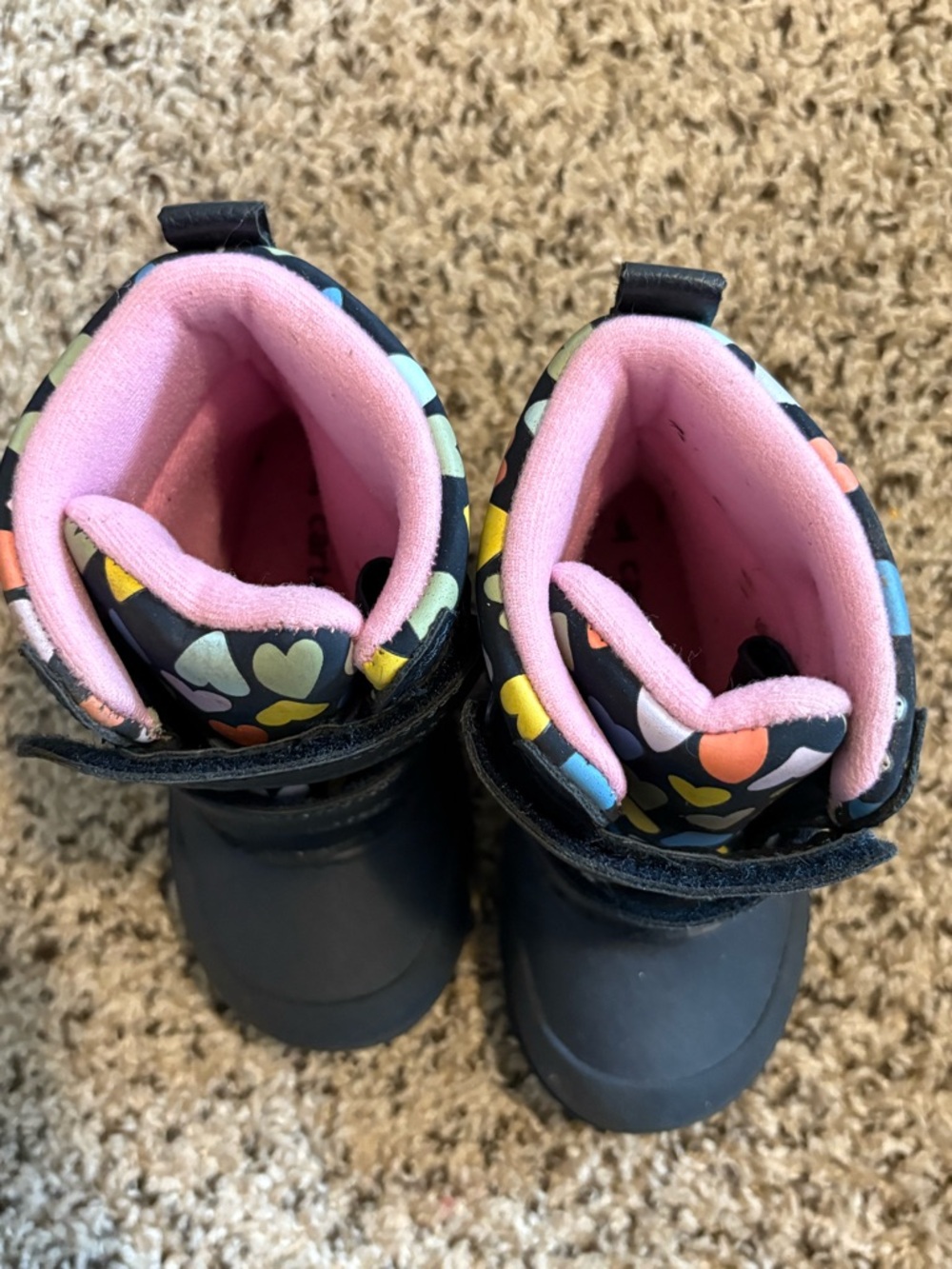 Kids Black Rain & Snow Boots with Multicolor Heart Print - Pink Lining - Picture 4 of 7